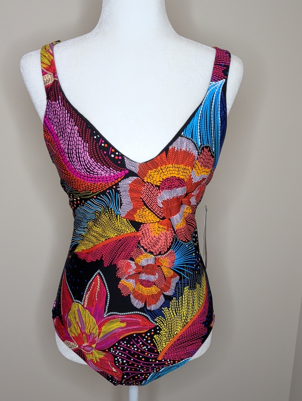 La Blanca Black One-Piece Swimsuit with Pink, Yellow & Blue Floral Print Size 16